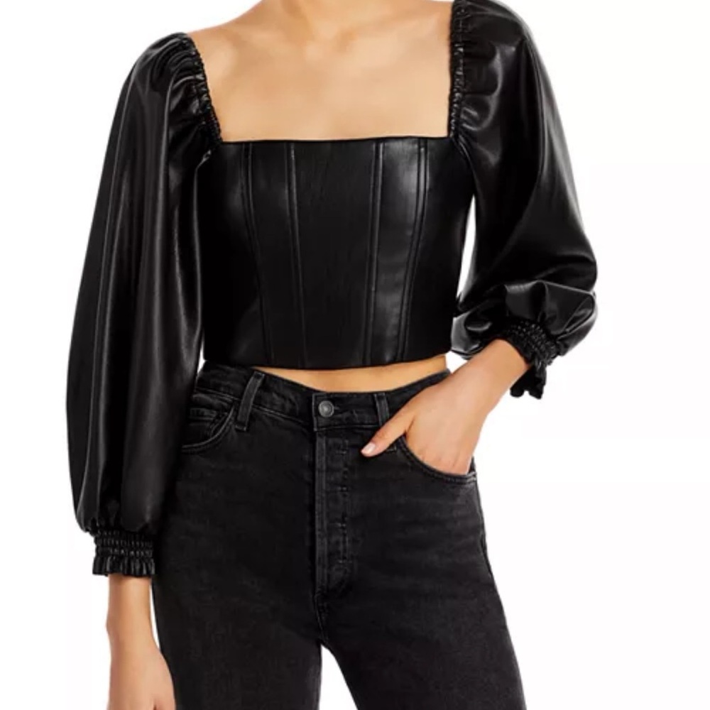 Alice + Olivia Black Faux Leather Balloon Sleeve Top